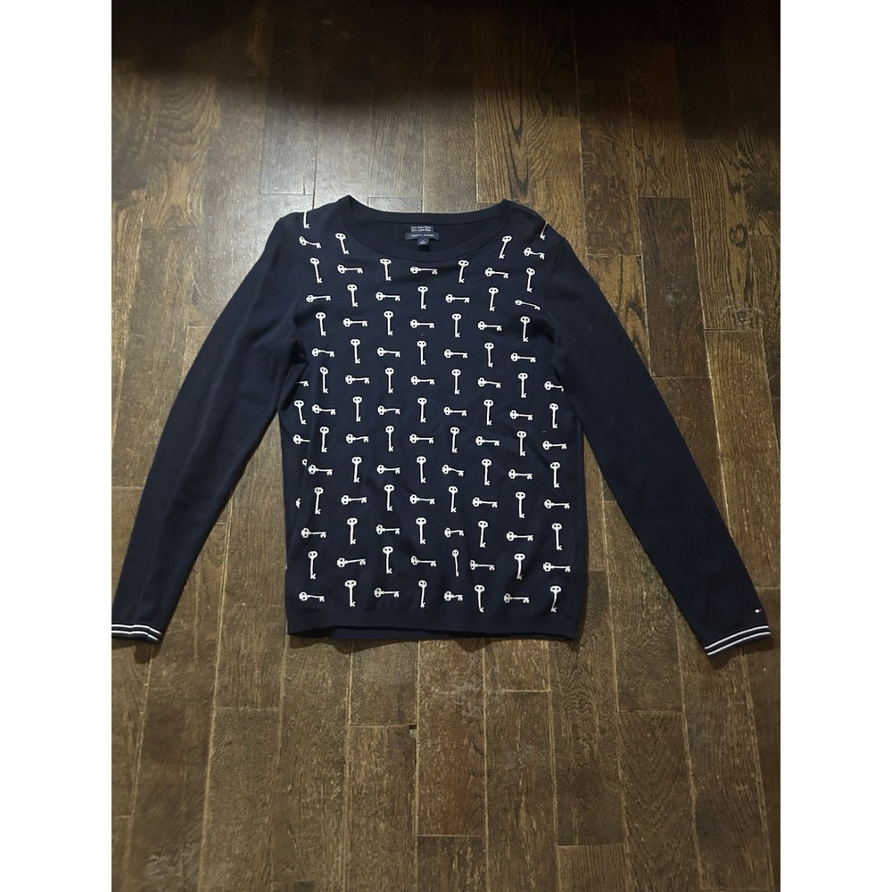 Tommy Hilfiger Sweater Pima Cotton Key Design Crew Neck Navy Blue Womens Medium